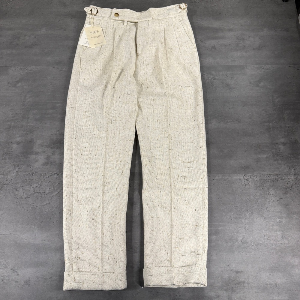 Marini Gurkha Trouser Pant Cream Off White Linen Pleated Side Adjuster Textured